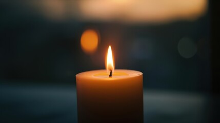 Single candle flame burning brightly against a blurred background.
