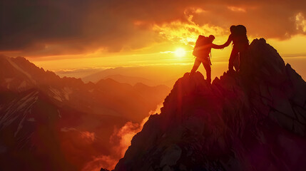 Two adventurers on a mountain peak one extending a hand to help the other silhouetted against the backdrop of an intense glowing sunset sky with distant mountains and a detailed foreground