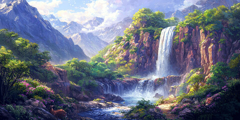 A majestic waterfall cascades down the rugged mountains, generative AI