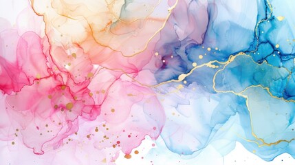 Abstract watercolor paint blots with alcohol ink colors on marble texture