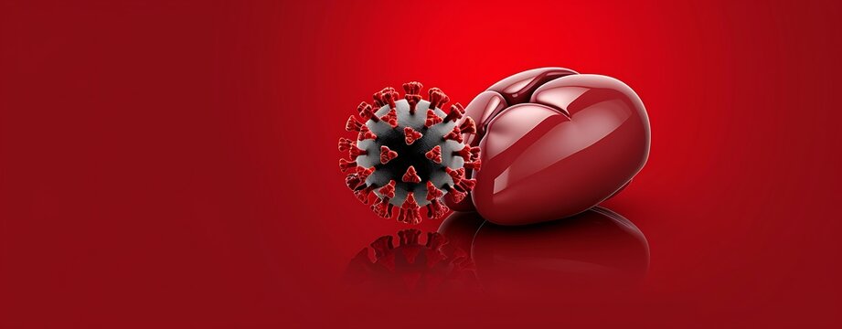 picture of a healthy liver on a stark red background with a silhouette of a coronavirus in the middle that looks like it might be exploding taken with lens, more clarity with clear light and