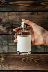Naklejka premium Fragile female hand holding a blank mockup bottle of aftershave on a wooden texture isolated background