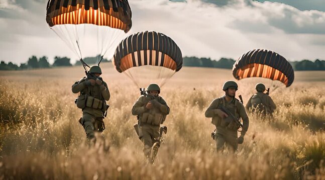 Parachute Soldiers in Sky Overhead