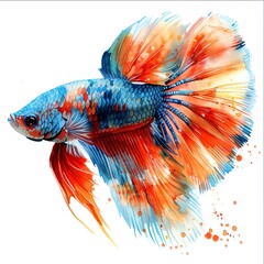 Fototapeta premium A watercolor image of a vibrant betta fish with flowing fins on a white background