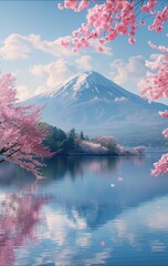 Serene Day at Mount Fuji with Lake and Cherry Blossoms, an Idyllic Scene of Natural Beauty and Japanese Heritage