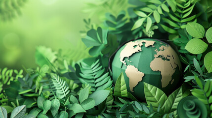 A green leafy forest with a globe on top of it. The globe is made of paper and has a gold color. Concept of environmental awareness and the importance of preserving our planet