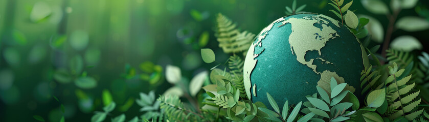A green leafy forest with a globe on top of it. The globe is made of paper and has a gold color. Concept of environmental awareness and the importance of preserving our planet