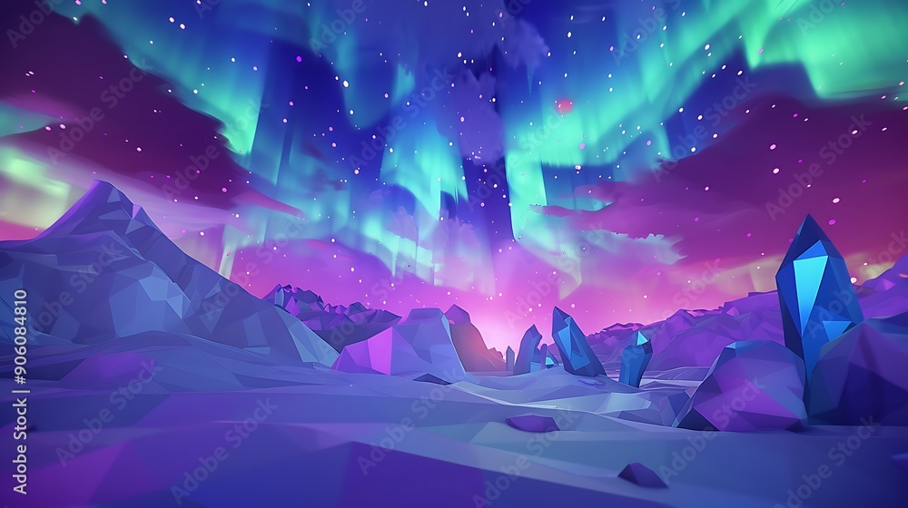 Wall mural Abstract Low Poly Landscape with Northern Lights.