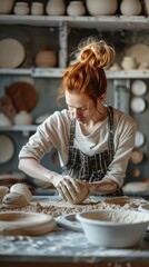 a caucasian woman working with a ball of clay in her workshop, clay art, Pottery Workshop