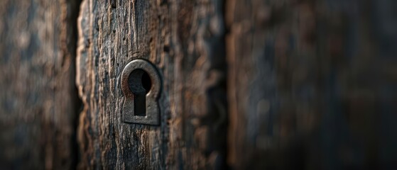 Close-up of an old rusty keyhole on weathered wooden door.