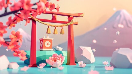 Low Poly 3D Rendering of a Japanese Torii Gate with Cherry Blossoms and Mount Fuji.
