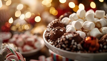 Close-up of a plate of chocolate truffles and marshmallows, festive holiday lights in background.