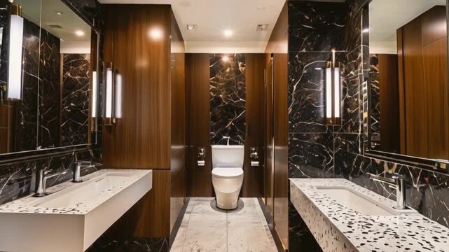Modern Luxury Restroom: Sleek and sophisticated bathroom interior with dark marble walls, wooden panels, and contemporary fixtures.  A perfect example of modern design in a commercial setting.  