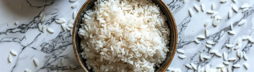 A bowl of white rice is sitting on a marble countertop. The bowl is small and has a brownish color. The rice is spread out and he is freshly cooked. The marble countertop adds a sleek