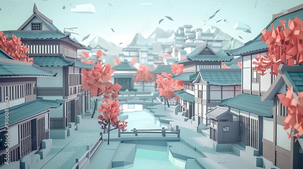 Sticker Low Poly Japanese Cityscape with River and Cherry Blossoms.