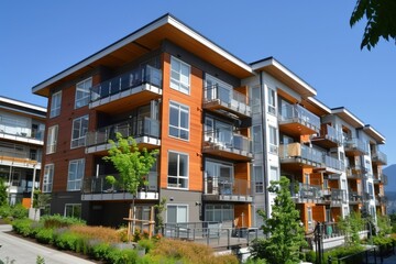 Fototapeta premium New Apartment Building in Vancouver, Canada. Modern Condo Property on Sunny Day