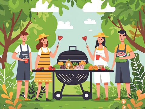 Labor Day vacation, community BBQ, organized park event, flat design illustration