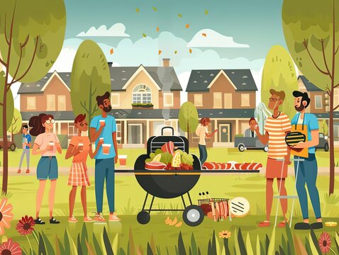 Labor Day public event, meat grilling, community association, flat design illustration