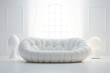 generated illustration of designer white sofa in a white room