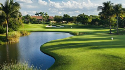 Golf course with rolling fairways and water features, ample space for copy. --ar 16:9