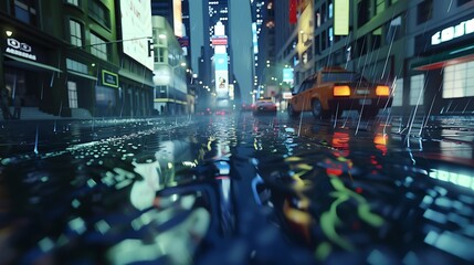 Obraz premium Rain Reflecting on Wet Pavement in the City at Night.