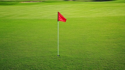 Obraz premium Golf hole with a flag on a pristine green, surrounded by lush grass and space for copy
