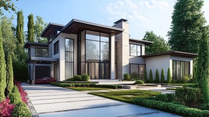 Fototapeta premium Modern home with elegant front garden and blank space for text or logo.