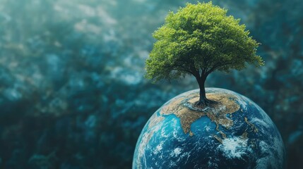 Tree growing out of a globe, representing earth conservation with ample space for copy.