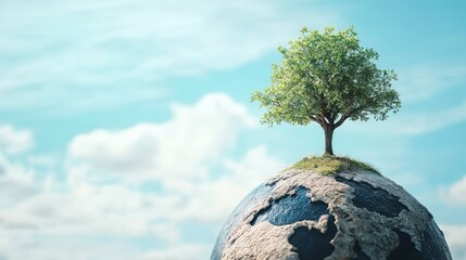 Tree on top of the world, symbolizing earth preservation with blank space for copy.