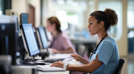 Hospital administrative staff work diligently at desks with computers and paperwork the office is organized and well-lit creating a professional environment for managing hospital operations