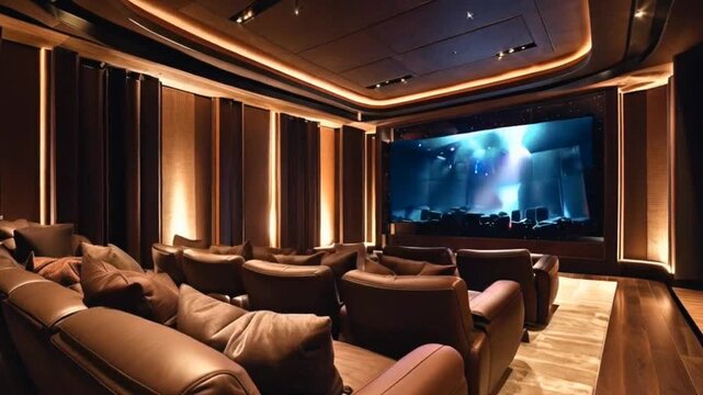 Luxury Home Theater Experience: Immerse yourself in cinematic luxury. This inviting home theater features plush leather seating, ambient lighting, and a state-of-the-art projector, creating an unparal