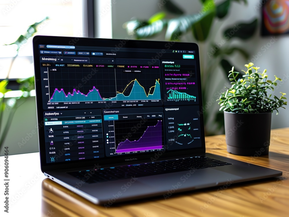 Poster Laptop with graphs and charts on screen.