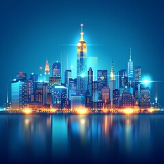 Obraz premium Stunning illuminated cityscape reflecting on water, showcasing modern skyscrapers and vibrant urban lights in a nighttime setting.