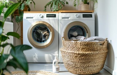 A laundry room with white walls, featuring two washing machines and an empty woven basket filled with on the floor. The scene includes green plants adding colour to it.