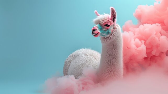 Stylish llama with sequin and neon fur sashays through smoky haze for nightlife event.