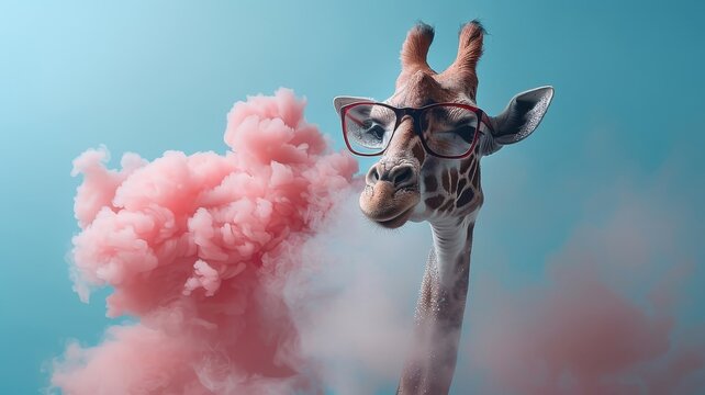 Stylish giraffe with sequin and neon spots sashays through smoky haze for nightlife event.