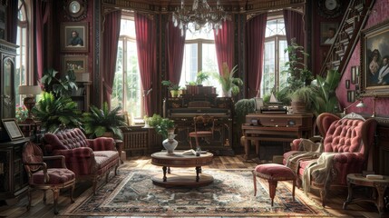 Fototapeta premium Background: The illustration of a haunted Victorian house, complete with typeface lettering and gold accents, adds an element of old-world elegance and mystery to any room