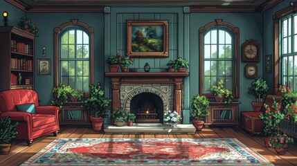 Obraz premium Background: The illustration of a haunted Victorian house, complete with typeface lettering and gold accents, adds an element of old-world elegance and mystery to any room