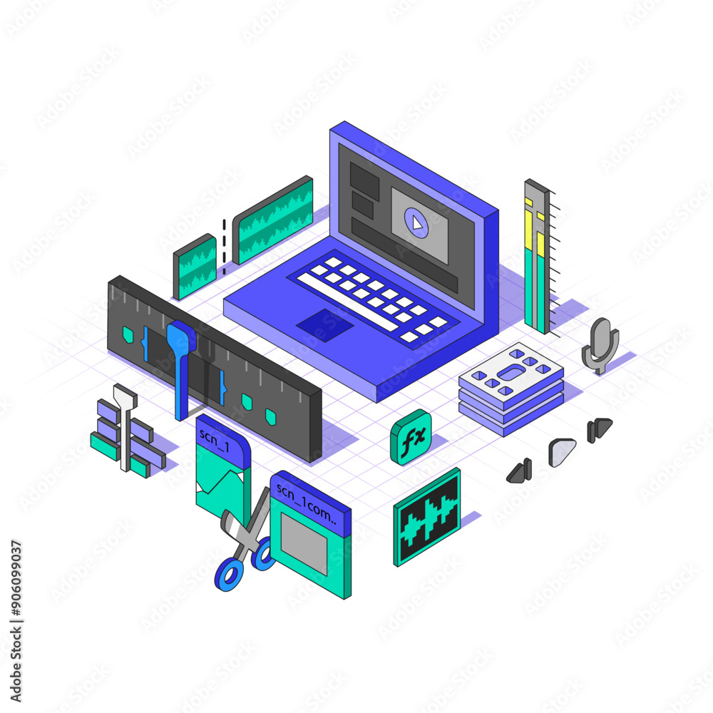 Poster isometric video editing software. video editor processing tools in different dimension. axonometric 