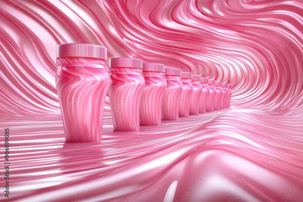 Poster a stylized, glossy pink setting with a series of matching pink bottles arranged in a line. the backg