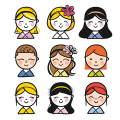 Nine stylized cartoon kids smiling, diverse ethnicities, simple avatar design. Cartoon children different hairstyles, happy faces, cute expressions, headshot. Illustrated boys girls various hair
