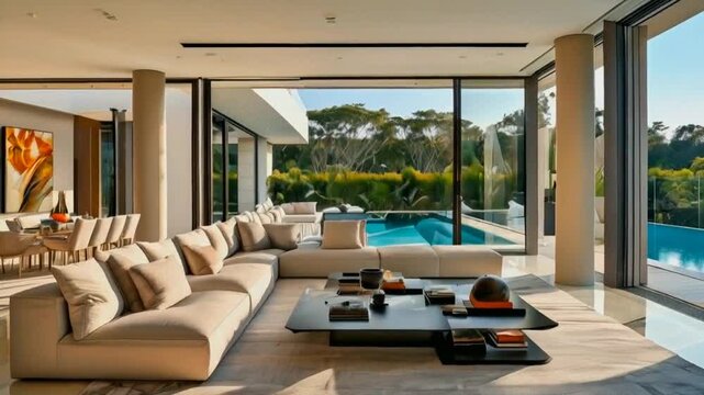 Spacious open plan living room with pool view 