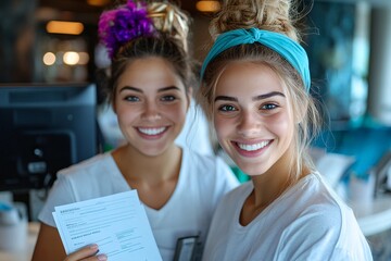 5. Happy receptionists at a hotel front desk, with one holding a guest's check-in form and the other entering details into the computer, showing teamwork and professionalism