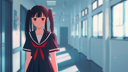 Anime Schoolgirl in Uniform Standing in a Hallway.