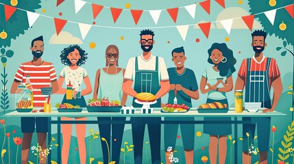 Labor Day gathering, cookout celebration, solidarity and festivity, flat design illustration