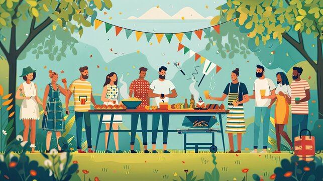 Labor Day gathering, cookout celebration, solidarity and festivity, flat design illustration