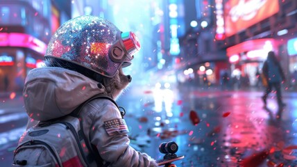 Whimsical illustration of hedgehog riding a skateboard in a neon cityscape.