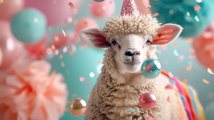 Mischievous lamb in party hat juggling miniature disco balls.