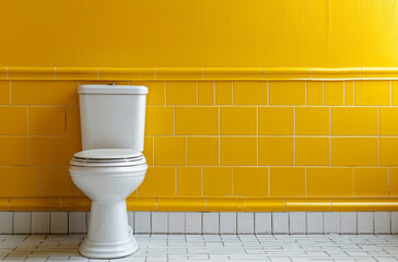White toilet with yellow wall background and toilet brush next to it