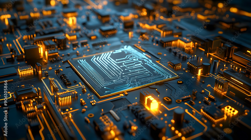 Poster illuminated electronic circuit board with complex microchips intricate patterns and a futuristic tec